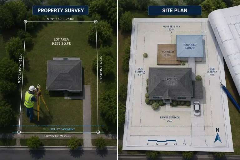 Side-by-side comparison of a residential property survey and a permit-ready site plan.