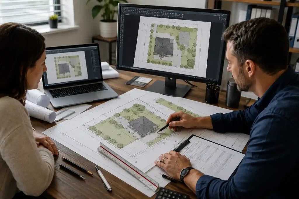 Drafting professional preparing a residential site plan with a homeowner before permit submission.