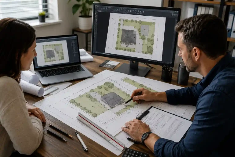 Drafting professional preparing a residential site plan with a homeowner before permit submission.
