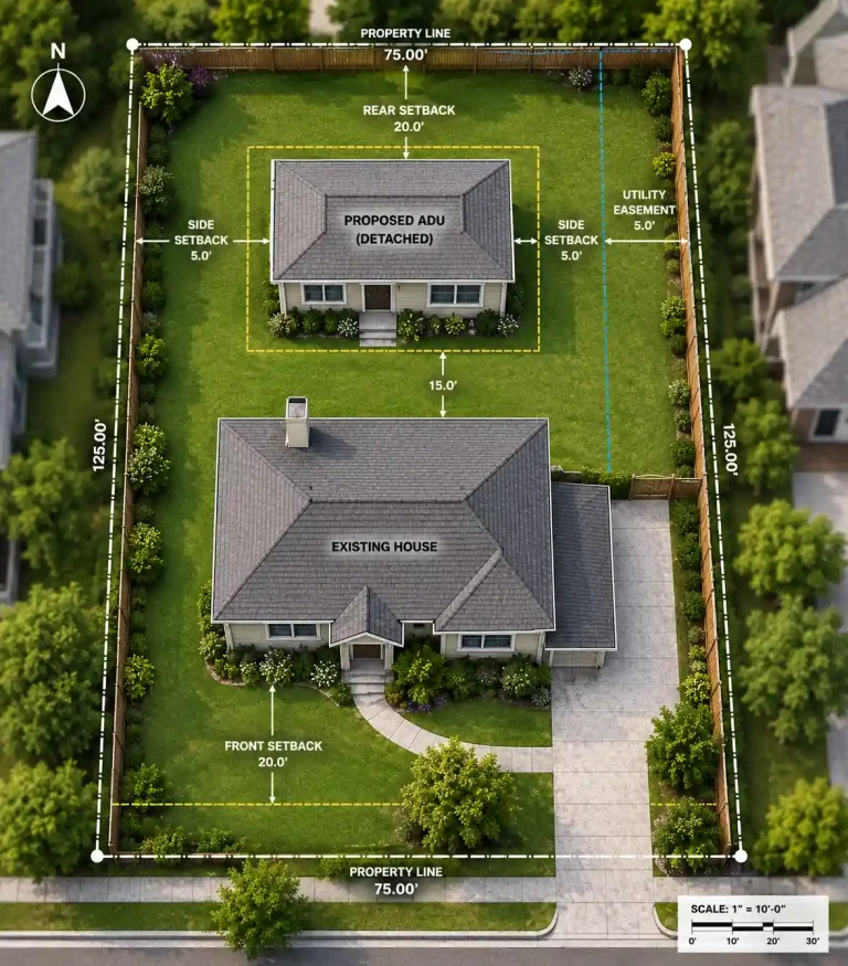 Residential property site plan showing a proposed detached ADU, setbacks, property lines, driveway, and utility easement.