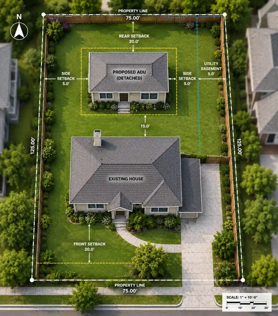 Learn what cities check on an ADU site plan, including setbacks, lot coverage, easements, utilities, parking, access, drainage, and property layout.