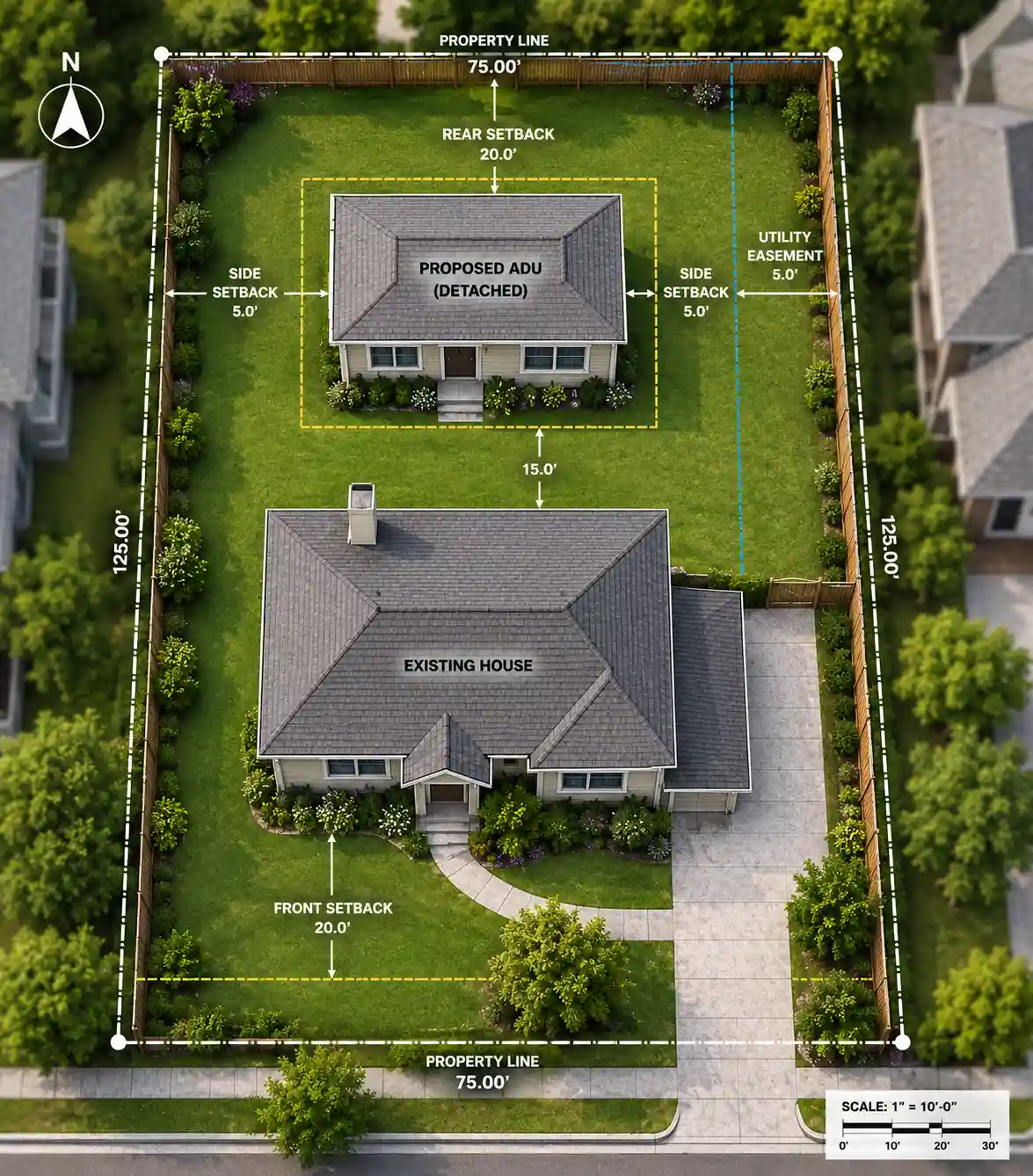 Residential property site plan showing a proposed detached ADU, setbacks, property lines, driveway, and utility easement.