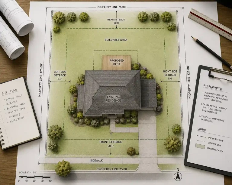 Residential property setbacks site plan showing front, rear, and side setback distances with the legal buildable area for permit planning.