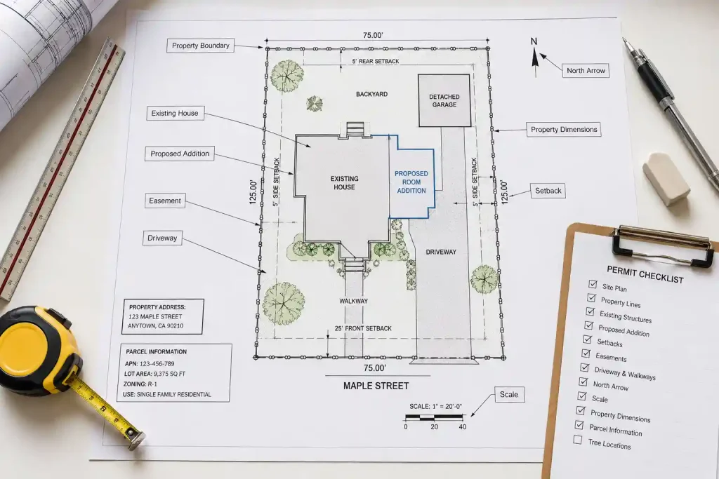 Building permit site plan requirements showing a permit-ready residential site plan with property boundaries, setbacks, dimensions, existing house, proposed room addition, driveway, easement, north arrow, and permit checklist.