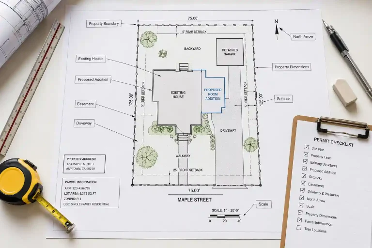 Permit-ready residential building site plan showing property boundaries, setbacks, dimensions, existing house, proposed room addition, driveway, easement, north arrow, and permit checklist.