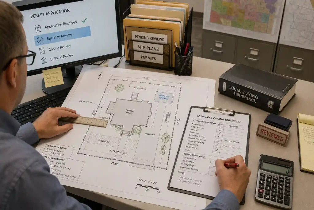 Building official reviewing a residential building permit site plan with setback measurements, zoning checklist, permit dashboard, and review tools in a municipal office.