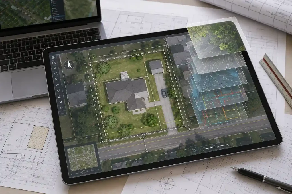 GIS site plan showing parcel boundaries, building footprint, dimensions, and mapping layers.
