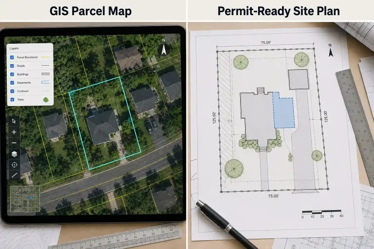 Comparison of a GIS site plan parcel map and a permit-ready site plan for a residential property.