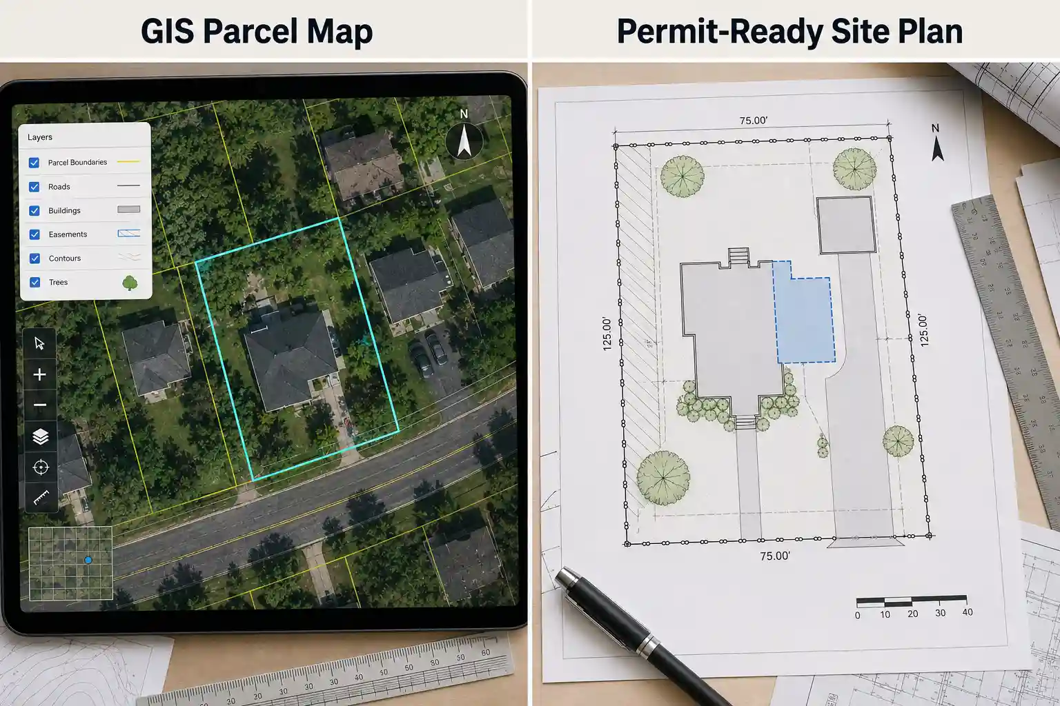 Comparison of a GIS site plan parcel map and a permit-ready site plan for a residential property.