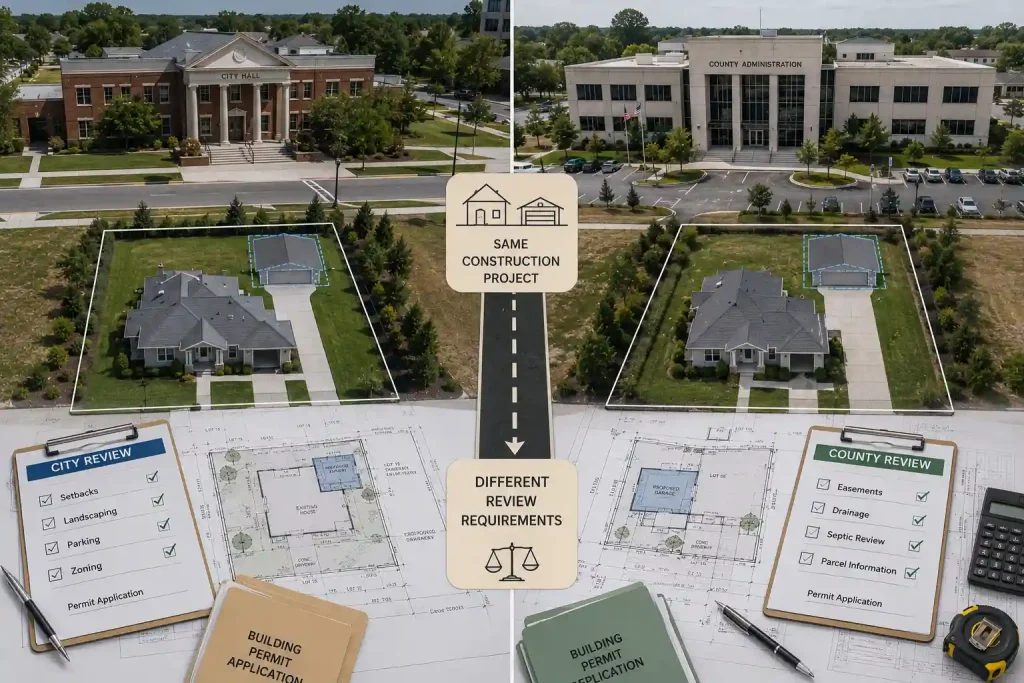 Do City Permit Requirements Change by City or County? Comparison of city and county permit review requirements for the same residential site plan.