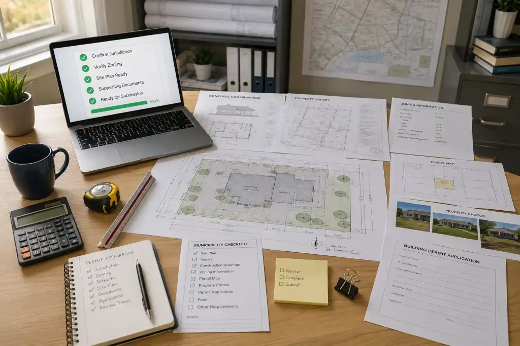 Preparing for permit approval with a site plan, property survey, zoning documents, and permit application before submitting to the correct city or county.