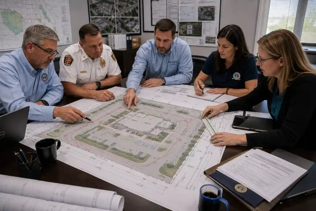 Commercial site plan reviewed by multiple departments for permit coordination and approval.