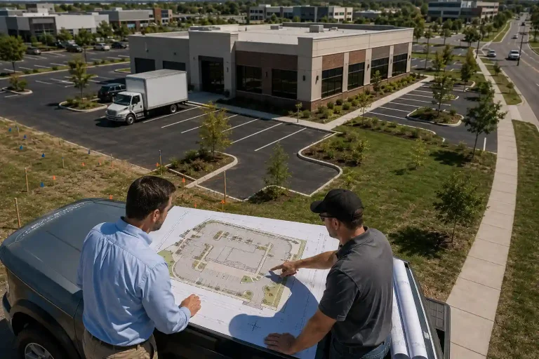 Commercial site plan review showing a business owner and site planner discussing a permit-ready commercial site plan before permit submission.