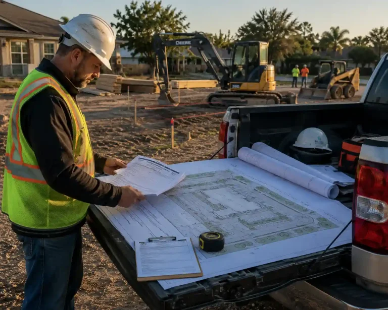 Contractor reviewing a permit-ready site plan at an active construction site.