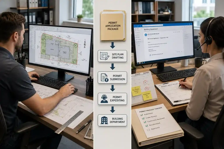 Comparison of site plan drafting and permit expediting services in the permit process.