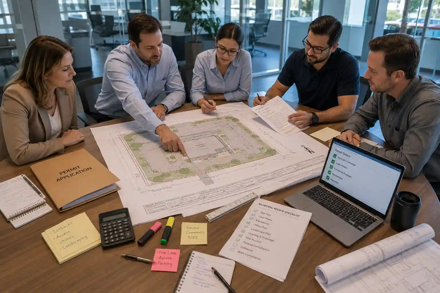 Project team reviewing a site plan and permit documents to streamline the permit process.