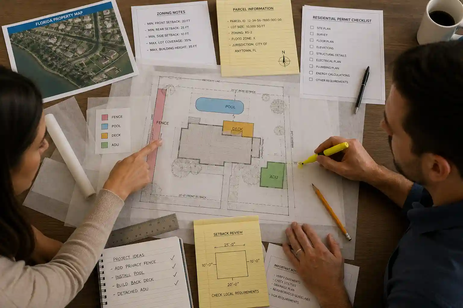 Planning a Florida site plan by reviewing property conditions, setbacks, and residential improvements that may require additional permit review.