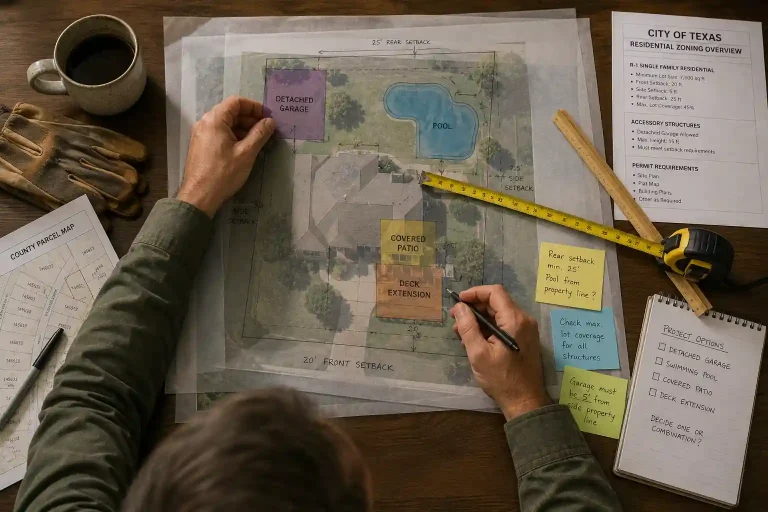 Learn what Texas cities may require on a residential permit site plan, including boundaries, setbacks, easements, drainage, utilities, access, and proposed construction.