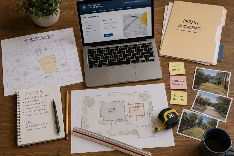California homeowner organizing documents, property map, project sketch, and planning materials for a California site plan permit application.