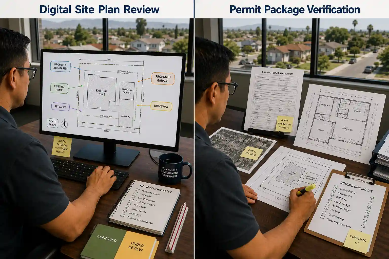 California building official reviewing site plan and permit documents