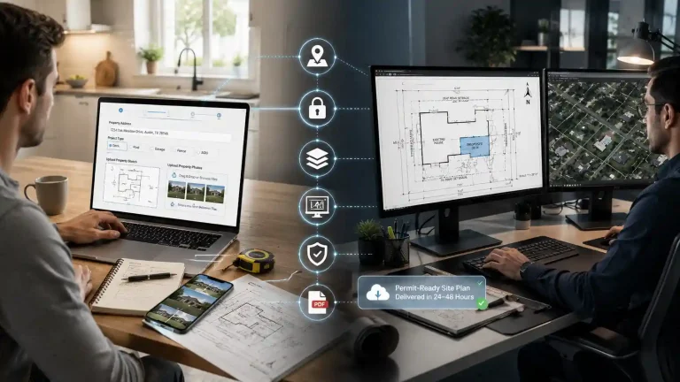 Homeowner showing process which includes order site plan online while a CAD specialist prepares a permit-ready site plan through a digital drafting workflow for 24–48 hour delivery.