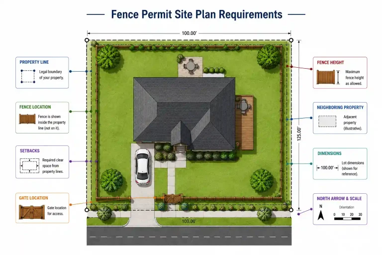 Fence permit site plan showing property lines, fence location, setbacks, gate location, fence height, and property dimensions.