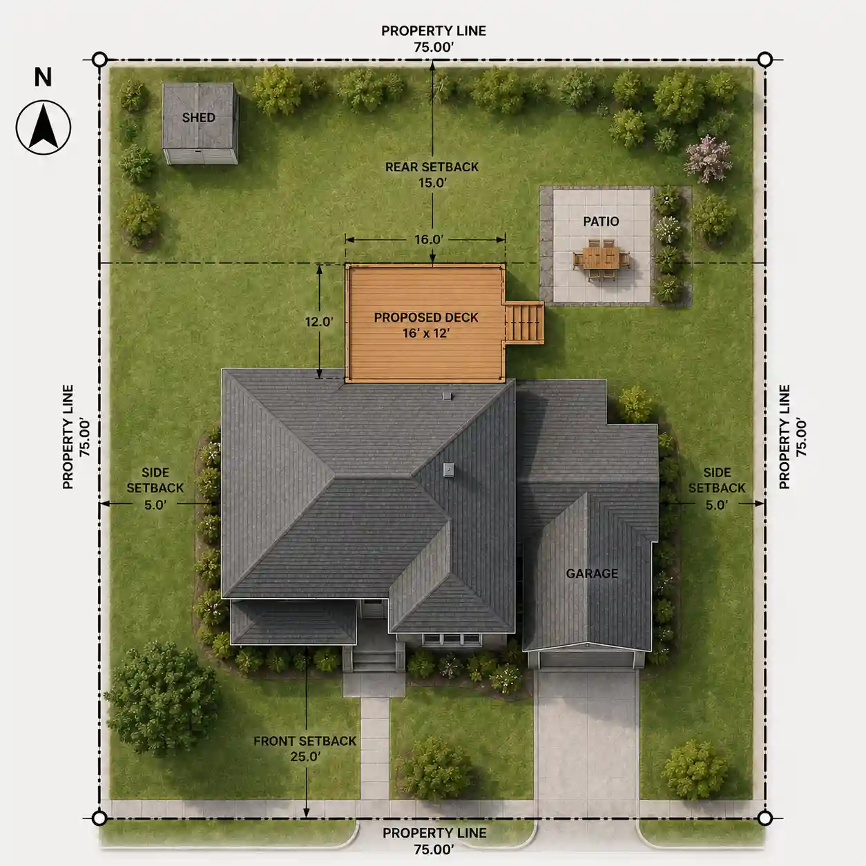 Residential deck permit site plan with property layout.