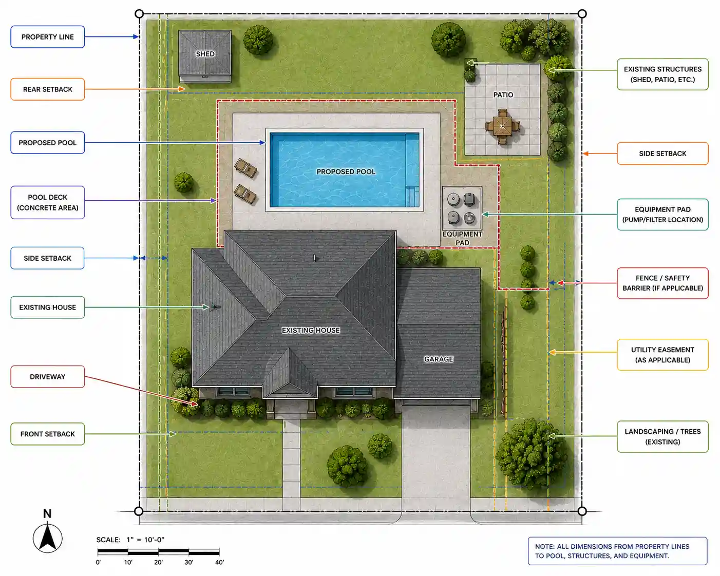 Annotated pool permit site plan showing property lines, setbacks, pool, equipment pad, and safety barrier.