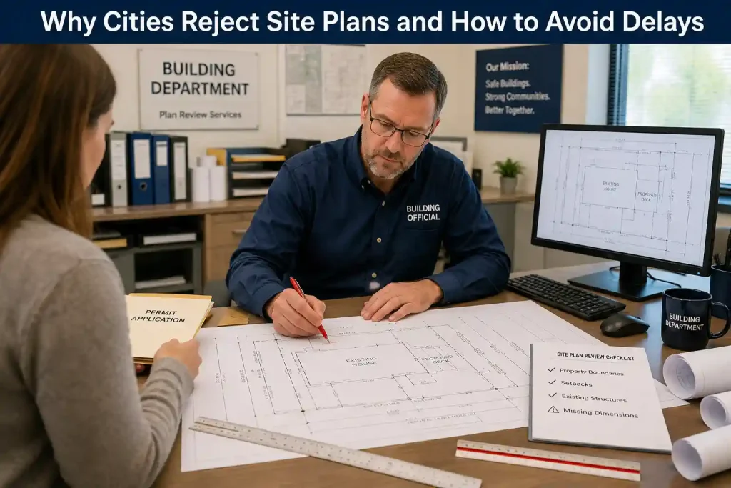 Building official reviewing a residential site plan to identify common site plan rejection reasons.