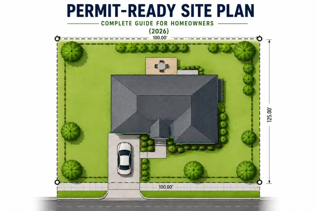 Permit-ready site plan showing a residential property layout with key site planning elements.