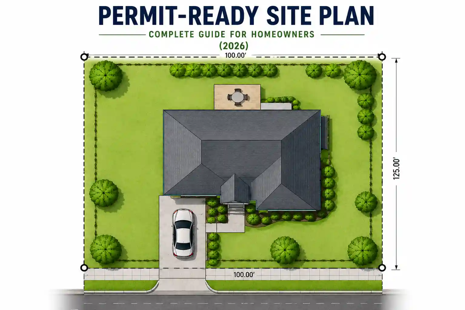 Permit-ready site plan showing a residential property layout with key site planning elements.