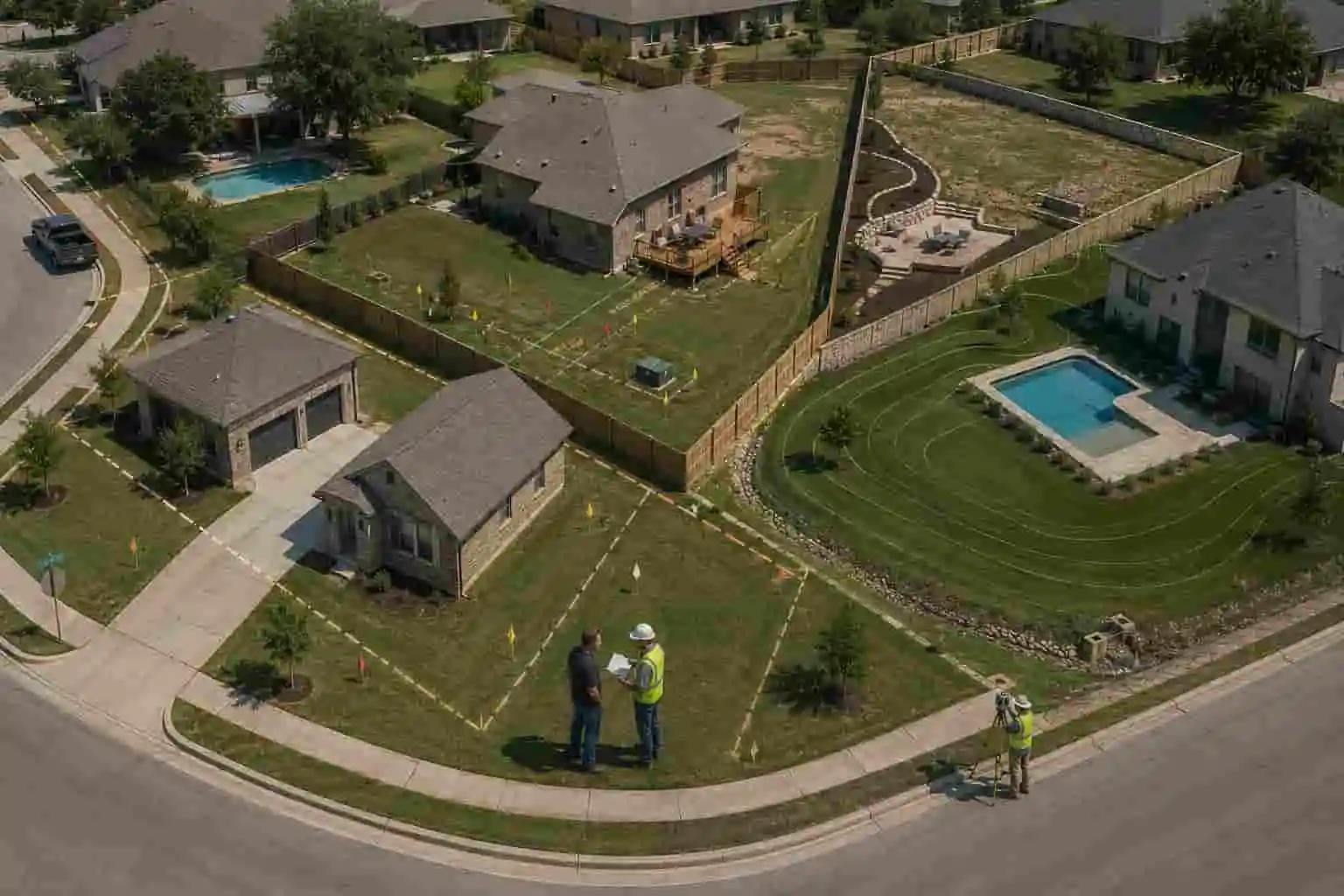 Aerial view of homes showing a Texas site plan permit review for corner lots, utility easements, drainage areas, pools, decks, and detached garages.
