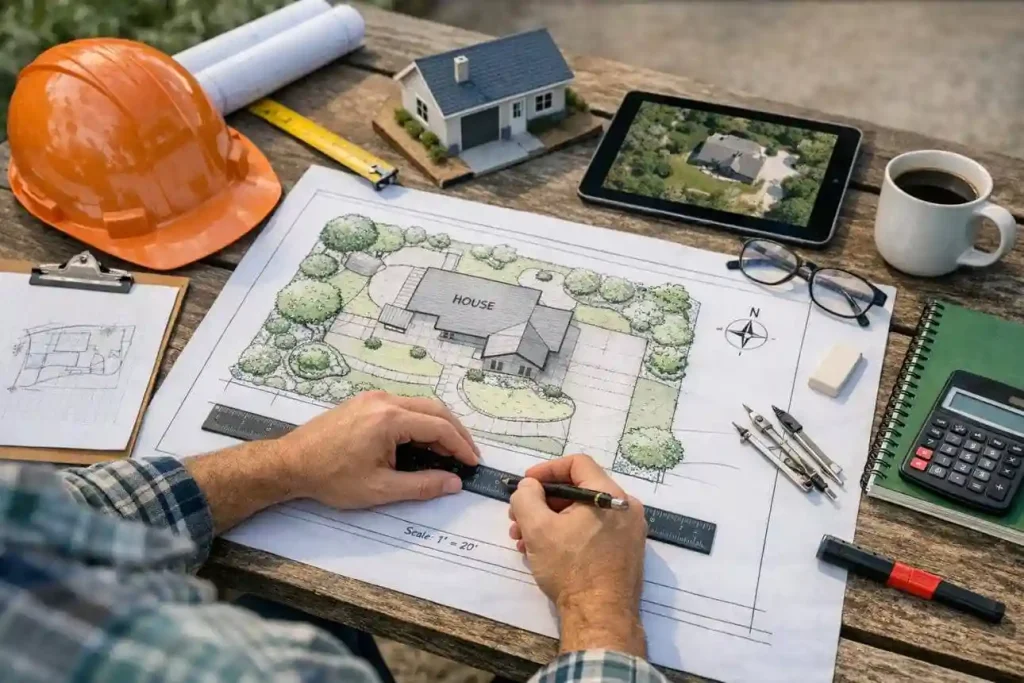 Site plan drawing being reviewed with construction tools, showing the process of creating a site plan without survey.