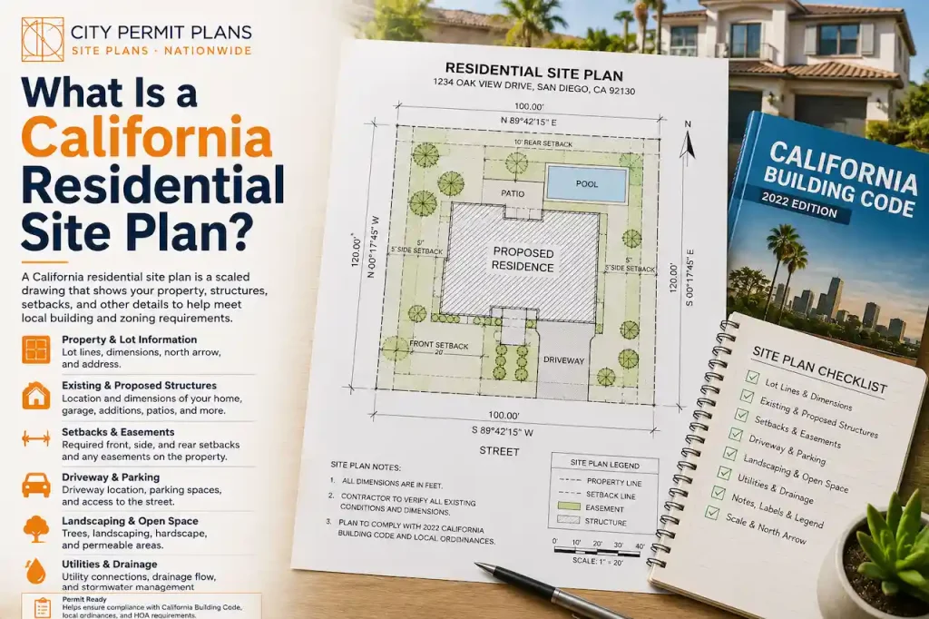 Learn what California cities may require on residential site plans, including setbacks, property boundaries, easements, access, utilities, and proposed construction.