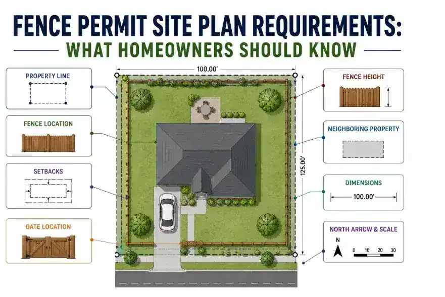 Fence permit site plan showing property lines, fence location, setbacks, gate location, fence height, and property dimensions.