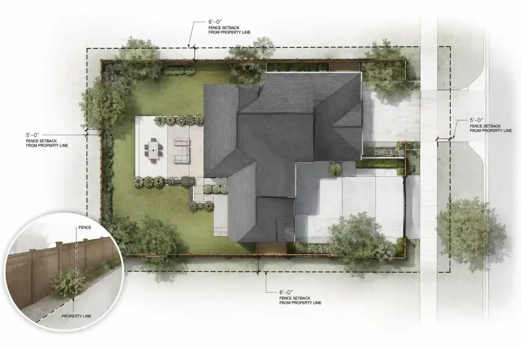 Fence site plan example showing property lines, fence location, and setback measurements