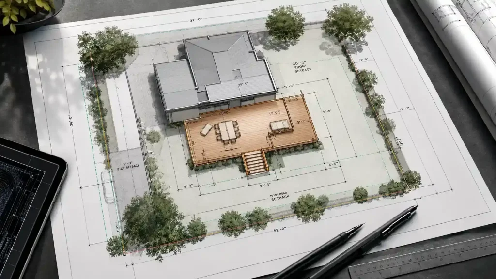 Deck permit site plan showing proposed deck layout, property lines, house, dimensions, and required setbacks.
