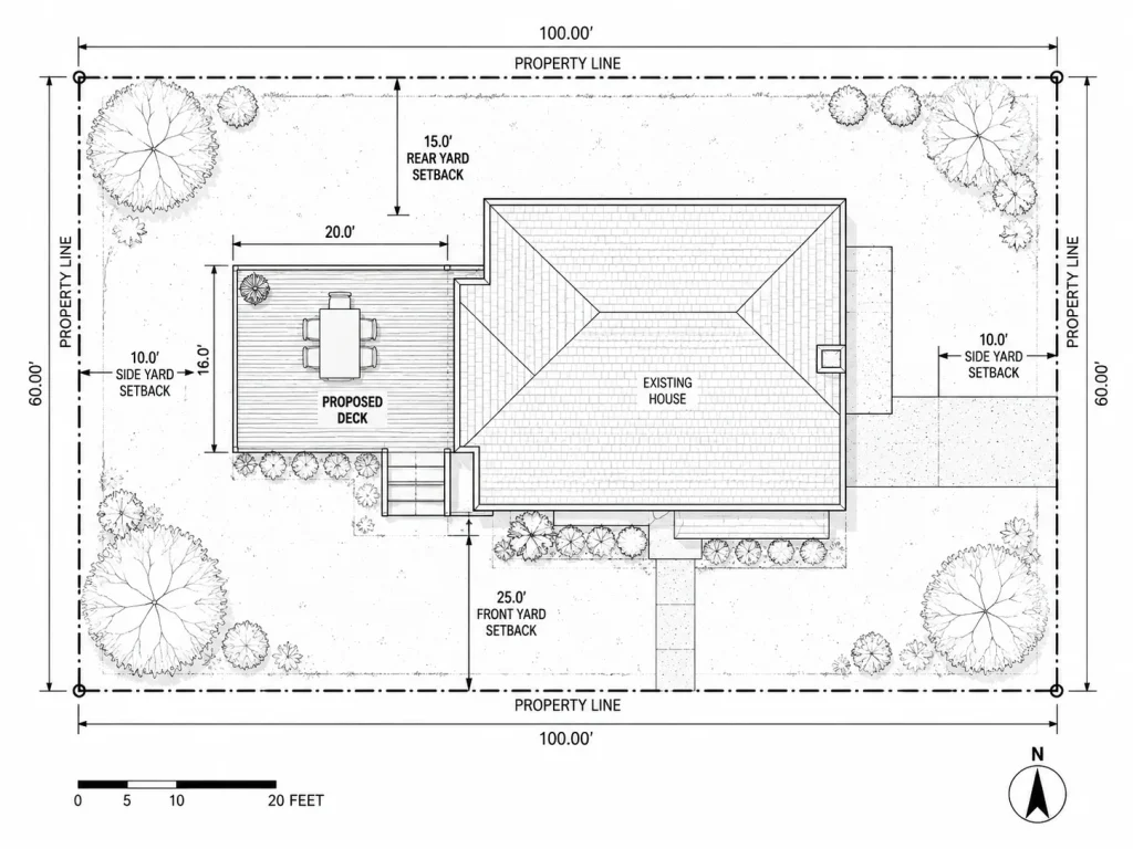 Black and white residential deck permit site plan with property lines, setbacks and proposed deck dimensions