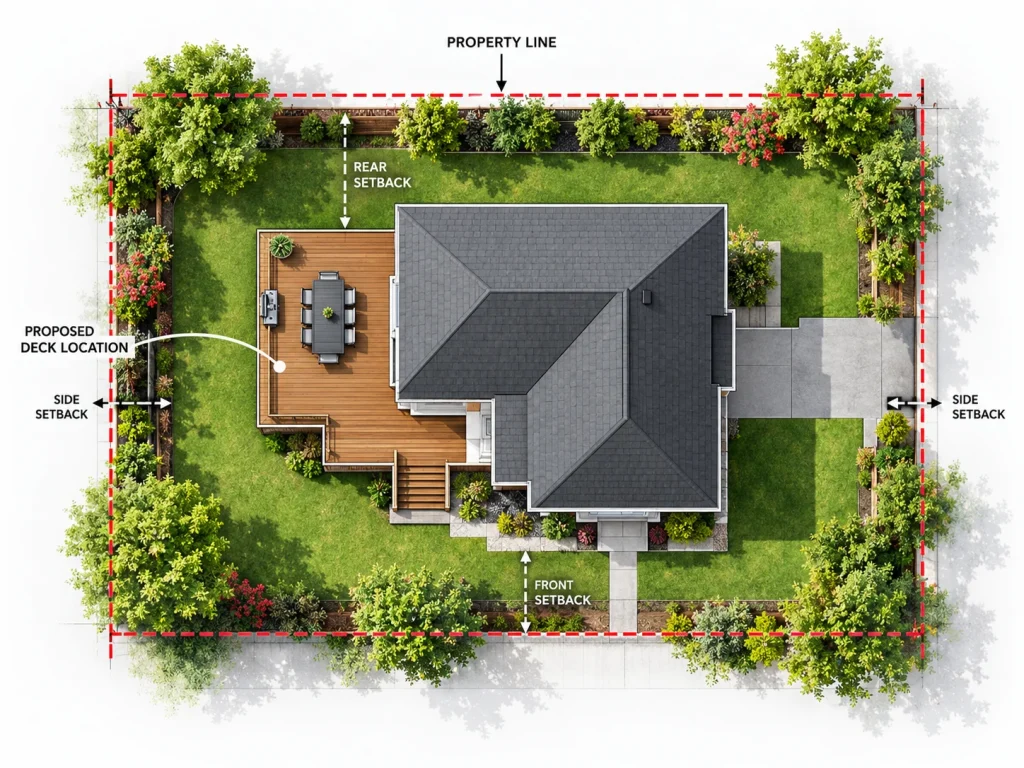 Top-down residential deck permit site plan showing proposed deck location, property lines and setbacks