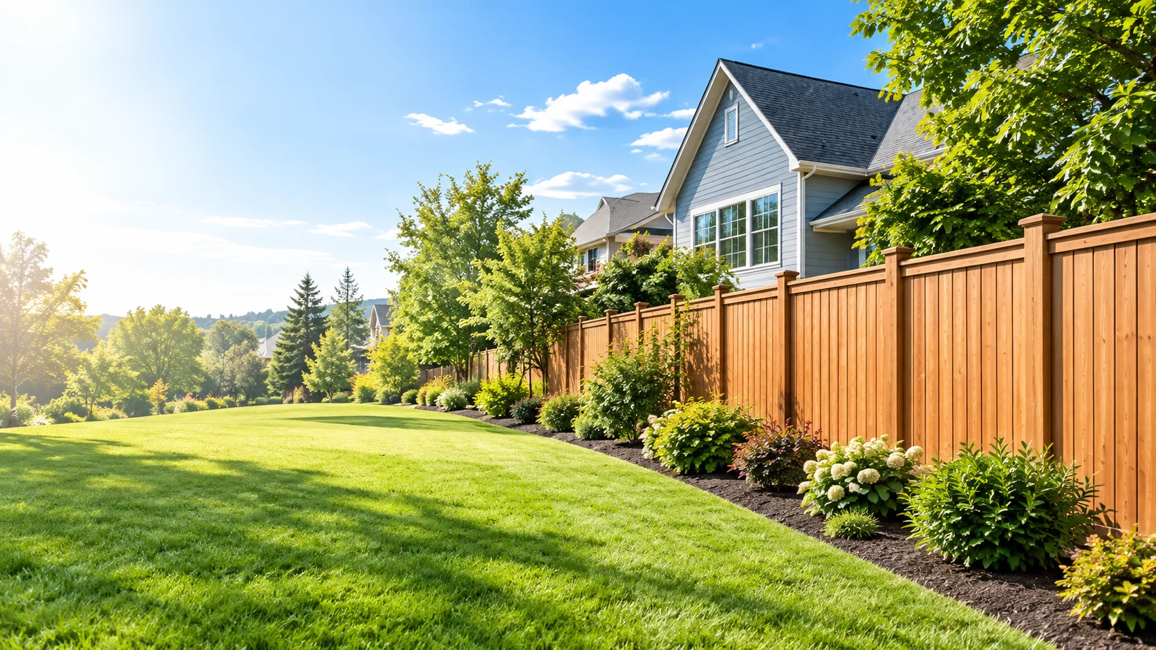 Sunlit residential backyard with a cedar privacy fence for a fence permit site plan project