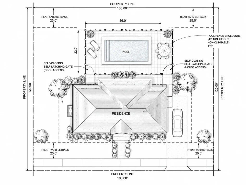 Residential pool enclosure site plan showing property layout, fencing and permit-related dimensions